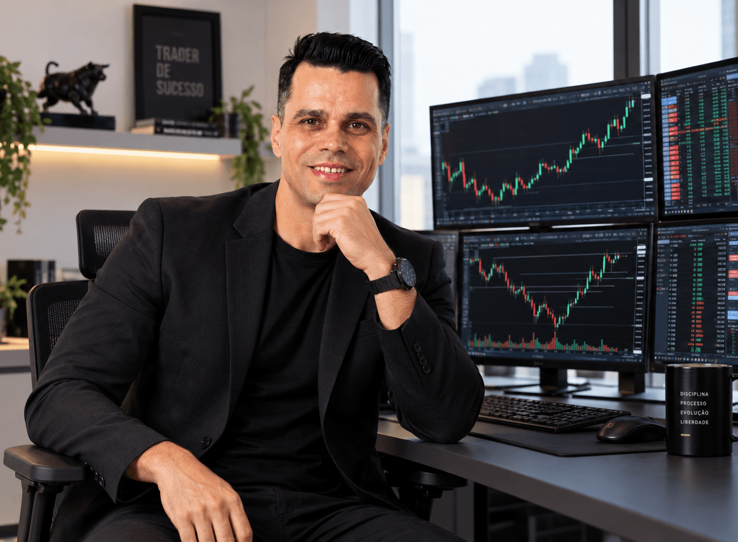Bruno Borges em estação de trading com múltiplos monitores mostrando gráficos de Price Action