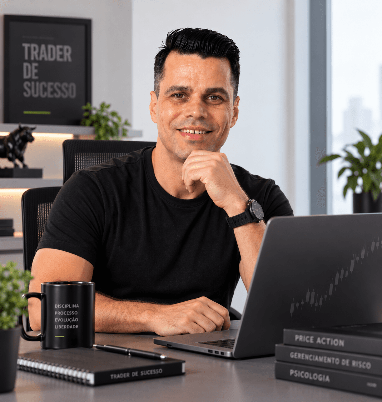 Bruno Borges em mesa de trading minimalista com laptop exibindo gráficos de candlestick